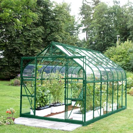 Serre de jardin en verre trempé ALOE  11,30 m² . Laqué vert - 1999.00€ Livraison comprise